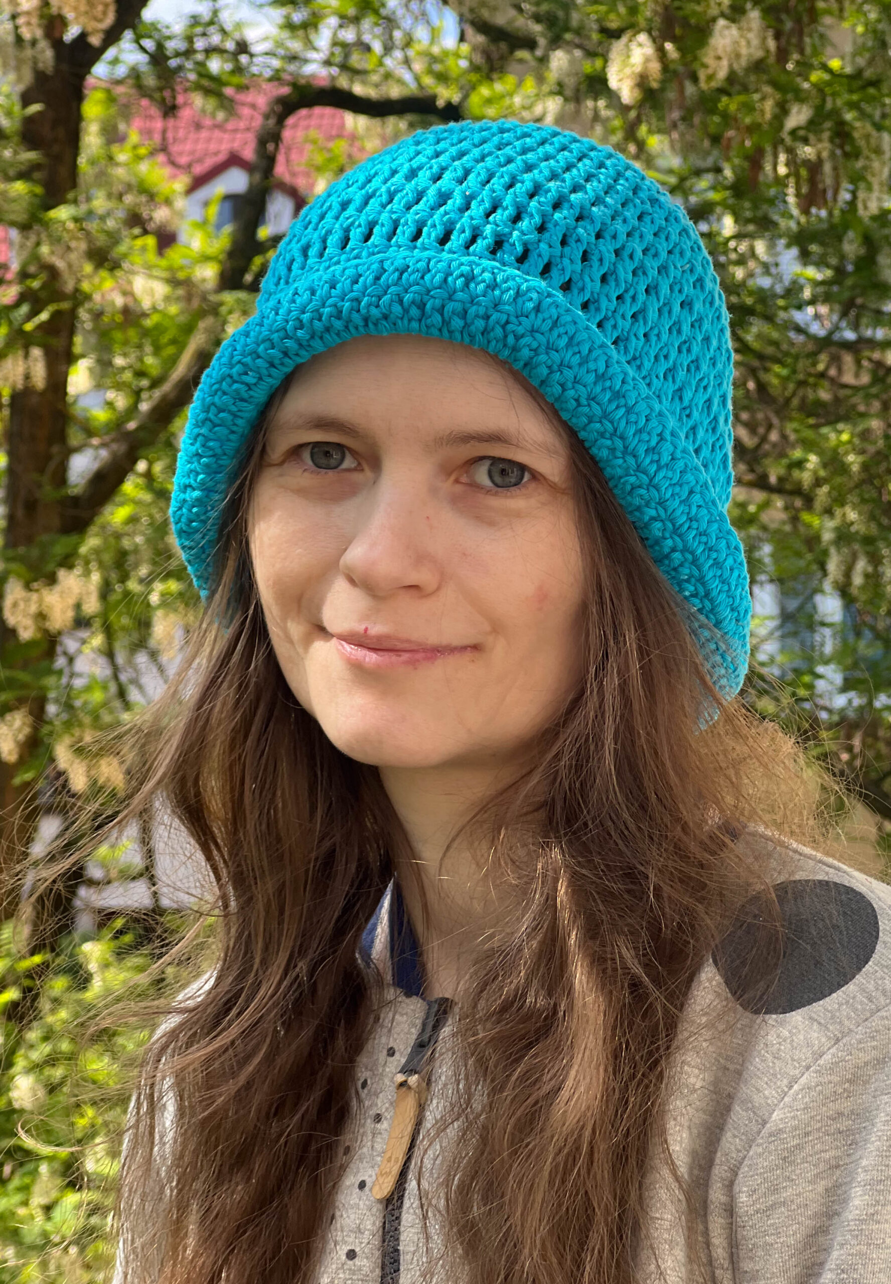 bawełniany turkusowy kapelusz bucket hat na szydełku